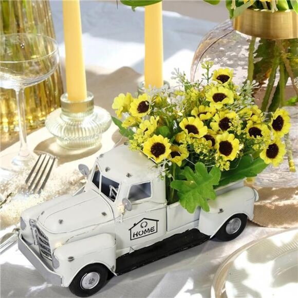 Vintage White TruckDecor with Sunflowers ArtificialFlowers Farmhouse Table Decor - Picture 6 of 7